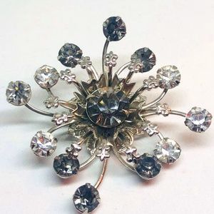 Vintage Clear and Grey Rhinestone Flower Brooch